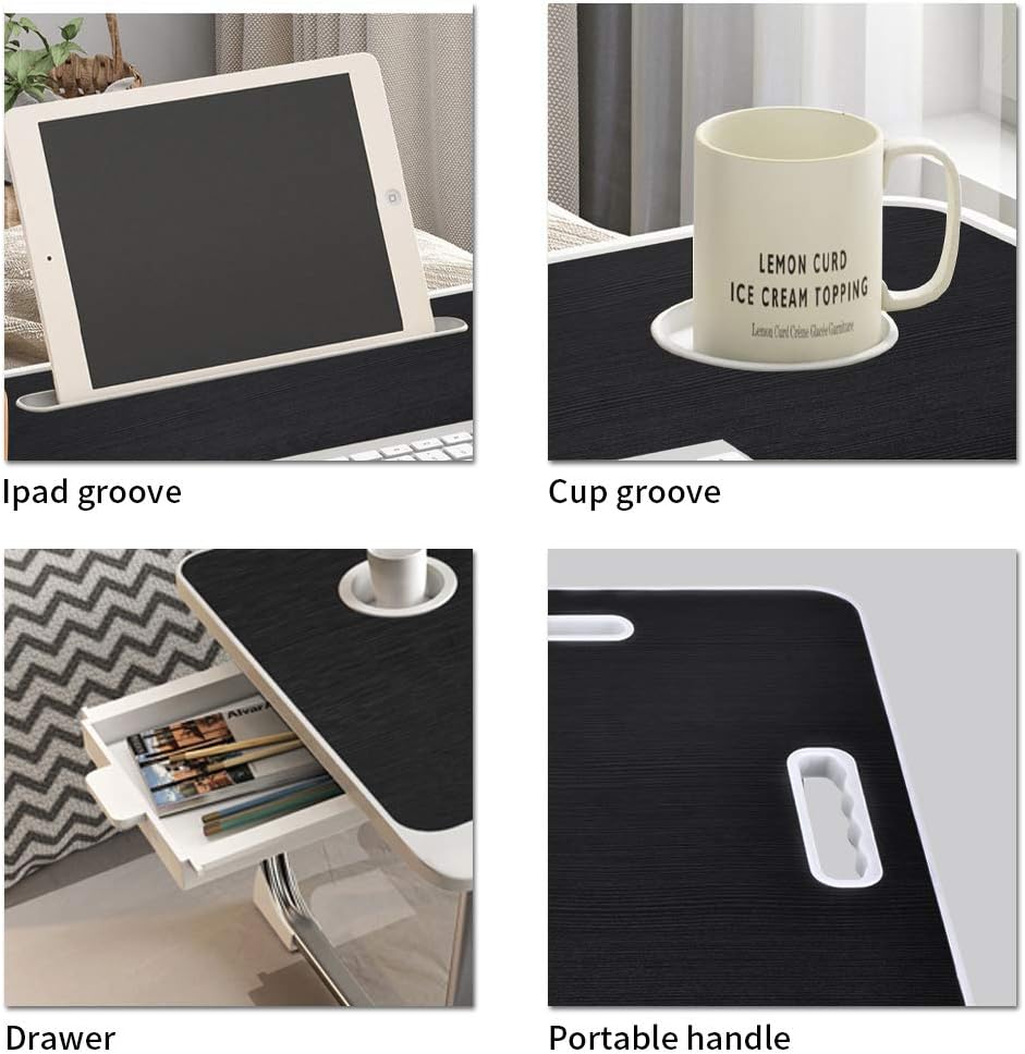 Laptop Bed Table, Lap Desk for Bed, Foldable Laptop Bed Desk with USB Charge Port, Handle, Desktop Card Slot, Cup Slot, Side Drawer, Portable Laptop Table for Bed Eating Reading Working