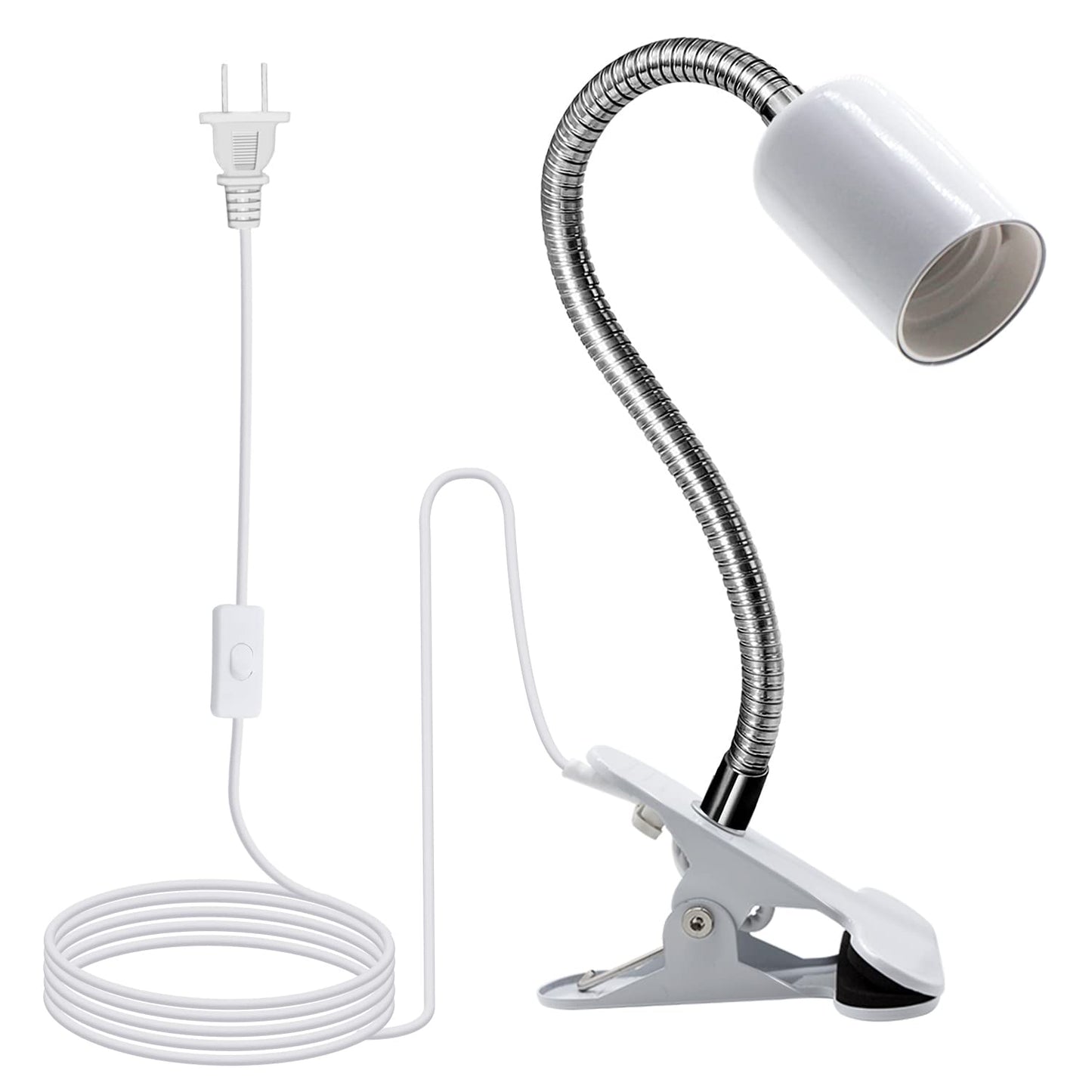 Clip on Lamp Holder, White Clamp Light Socket, Clip on Desk Lamp, E26 Book Clamp Light Fixture, 360° Flexible Gooseneck Lighting, E27 Bulb Holder with 7 Ft Plug and Switch, for Bedside