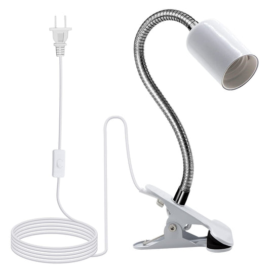 Clip on Lamp Holder, White Clamp Light Socket, Clip on Desk Lamp, E26 Book Clamp Light Fixture, 360° Flexible Gooseneck Lighting, E27 Bulb Holder with 7 Ft Plug and Switch, for Bedside