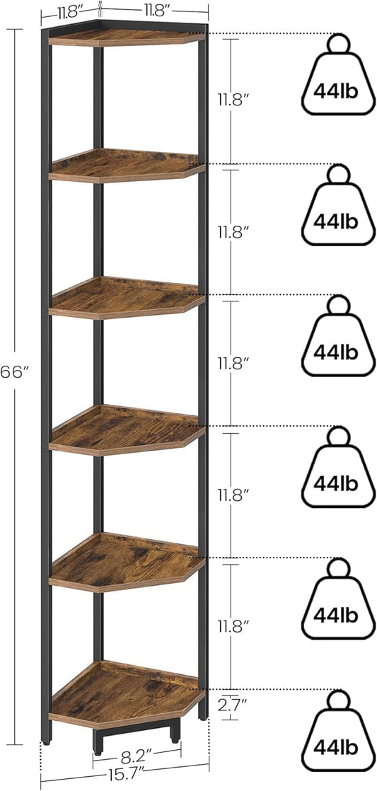 Corner Shelf Stand, Corner Bookshelf, Storage Standing Shelf Unit with Metal Frame, Plant Stand, Bookcase for Living Room, Home Office, Bedroom, 6-Tier Rustic Brown CS06001B