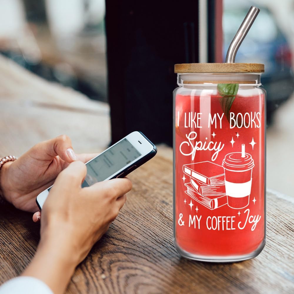 Cute Spicy Readers Book Lovers 16oz Coffee Glass Cups with Lids and Straws Gifts for Books Lovers Women Acotar Readers Bookworm, I Like My Books Spicy & My Coffee Icy Bookish Book Mugs Acotar Gift
