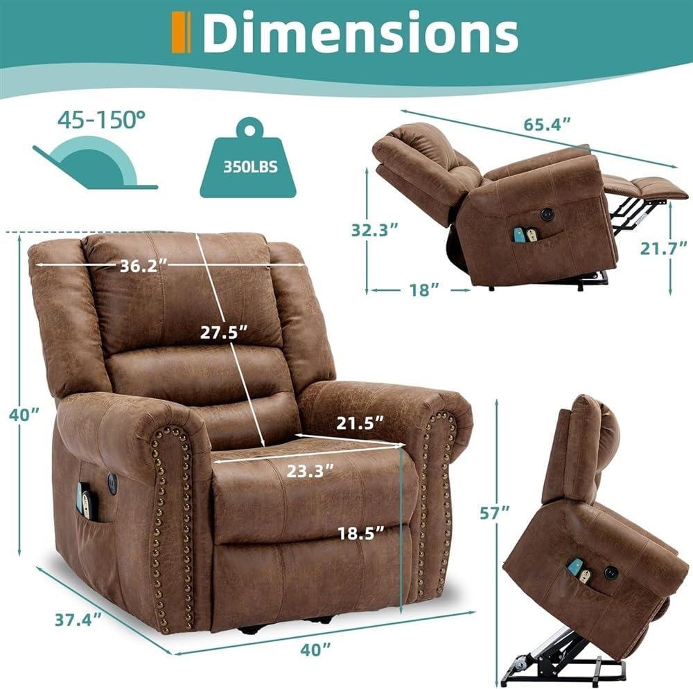 Power Lift Recliner Chair with Heat and Massage, Electric Leather Recliner with USB Port, Adjustable Lift Chair with Remote Control and Side Pockets for Living Room