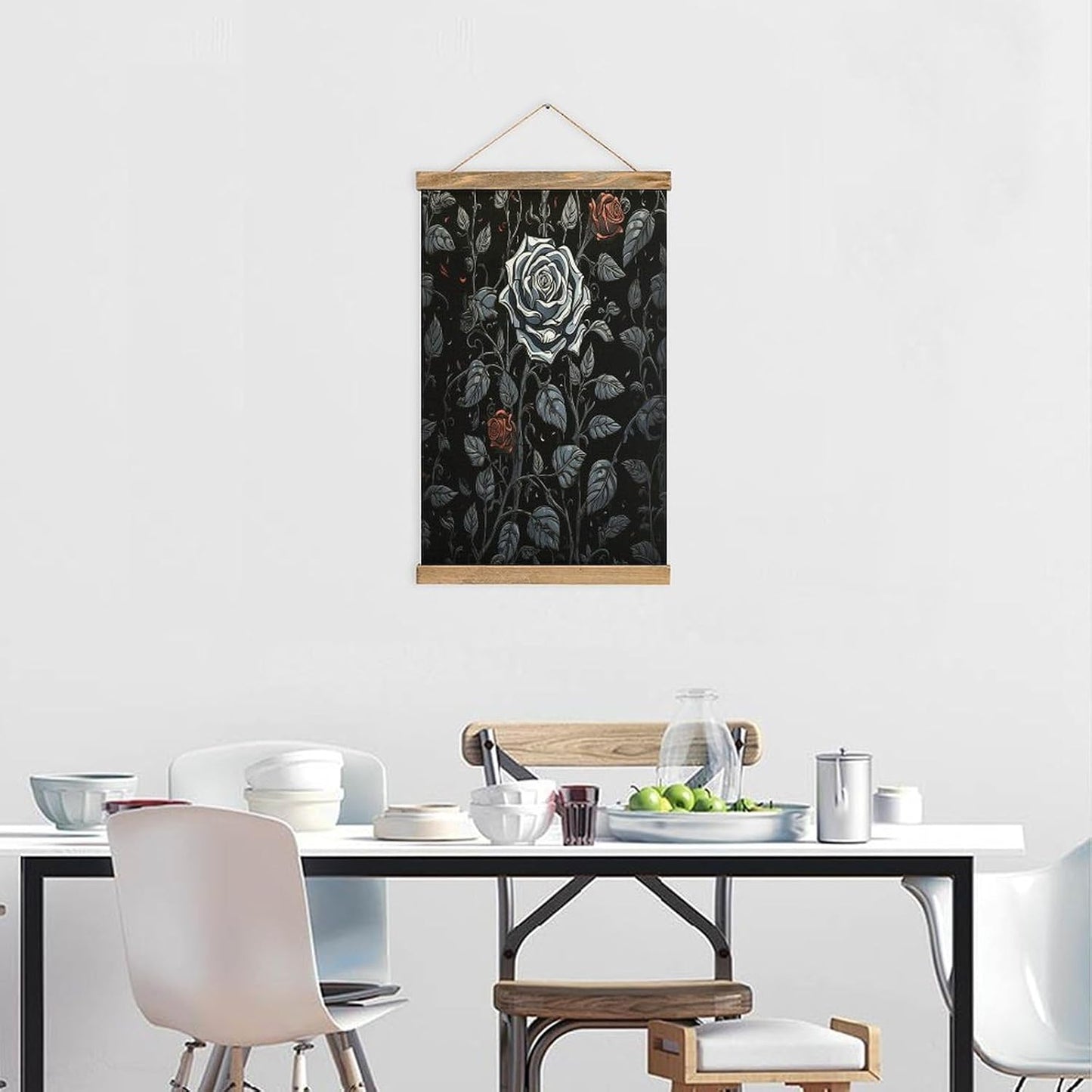 Vintage Rose Gothic Poster with Wooden Frame Personalized Linen Hanging Scroll Painting Rustic Wall Hanging Illustrative Modern Artwork Decor for Home Living Room Bedroom Office