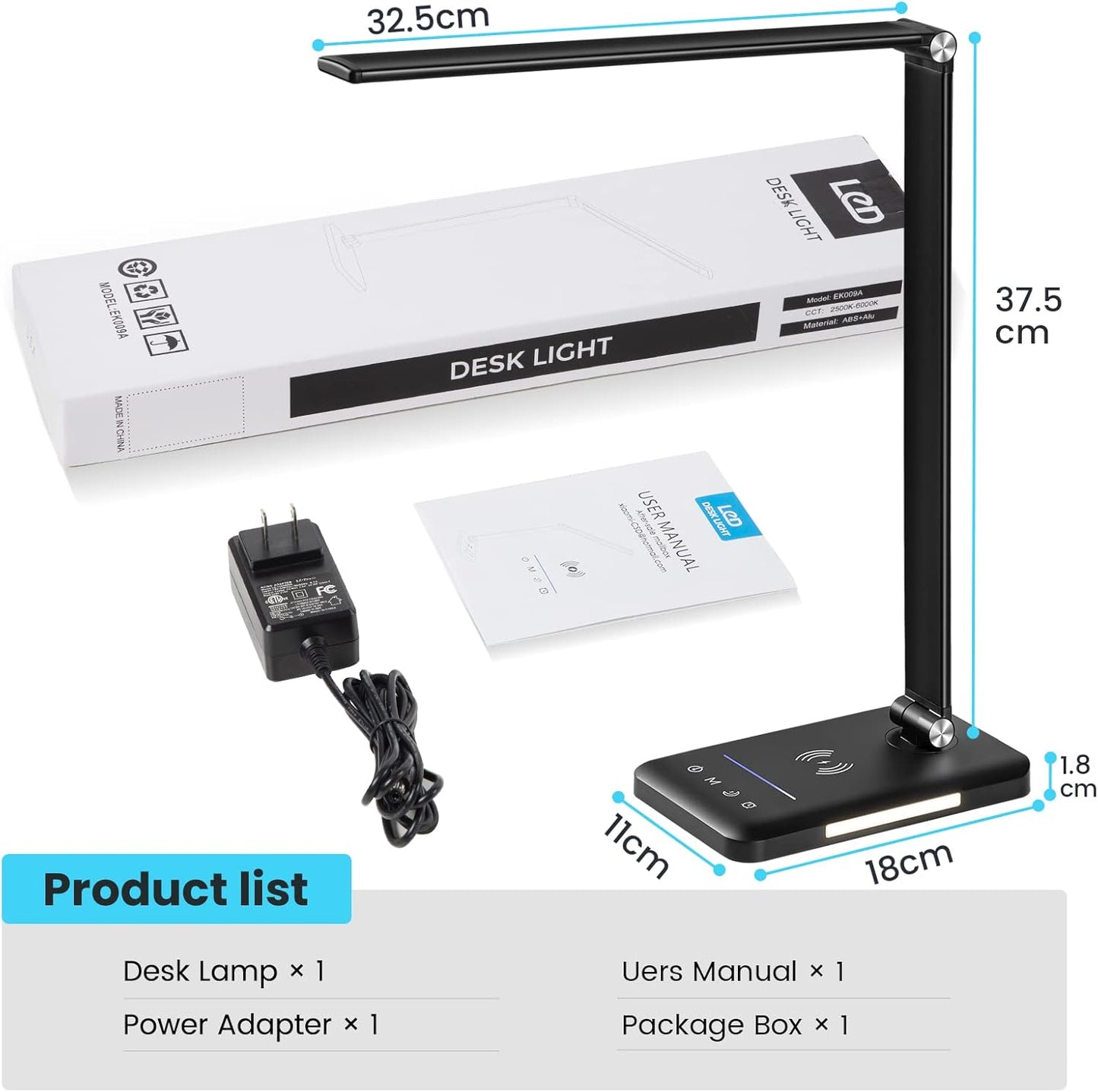 LED Desk Lamp with Night Light, Fast Wireless Charger, USB Charging Port, 10 Brightness, 5 Color Modes, Dimmable Bedside Table Lamp for Bedroom, Touch Control, Auto Timer, 1200Lux Super Bright