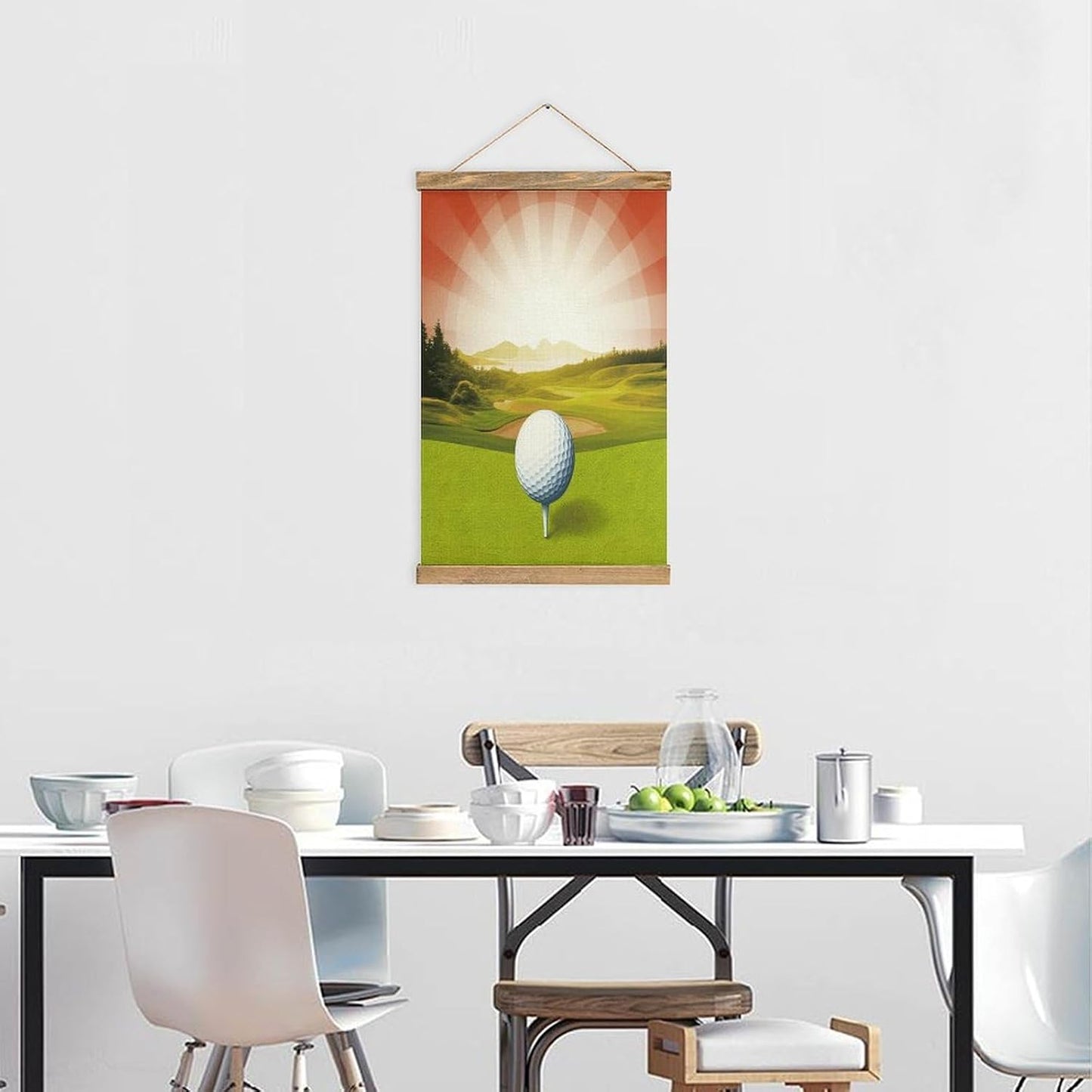 Vintage Golf Sport Poster with Wooden Frame Personalized Linen Hanging Scroll Painting Rustic Wall Hanging Illustrative Modern Artwork Decor for Home Living Room Bedroom Office