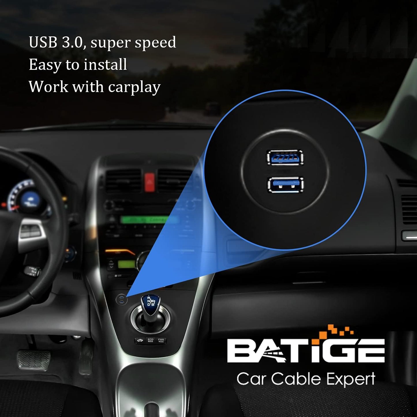 BATIGE 2 Ports Dual USB 3.0 Male to USB 3.0 Female AUX Flush Mount Car Mount Extension Cable for Car Truck Boat Motorcycle Dashboard Panel -3ft
