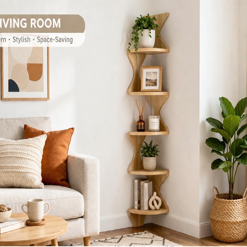 Zigzag Corner Shelf, Wood Corner Wall Shelf, 5 Tier Floating Corner Shelves for Small Space Storage, Corner Bookcase for Living Room, Home Office, Bedroom, (Natural, 5 Tier)