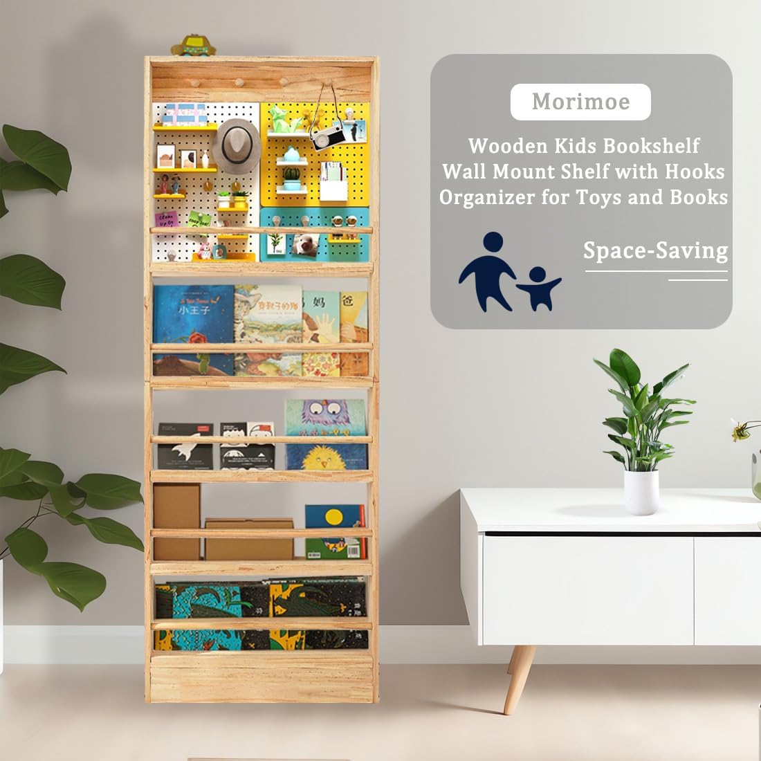 Wooden Kids Bookshelf, Wall Mount Shelf with Hooks, Organizer for Toys and Books, Space-Saving | with Hooks, Space-Saving