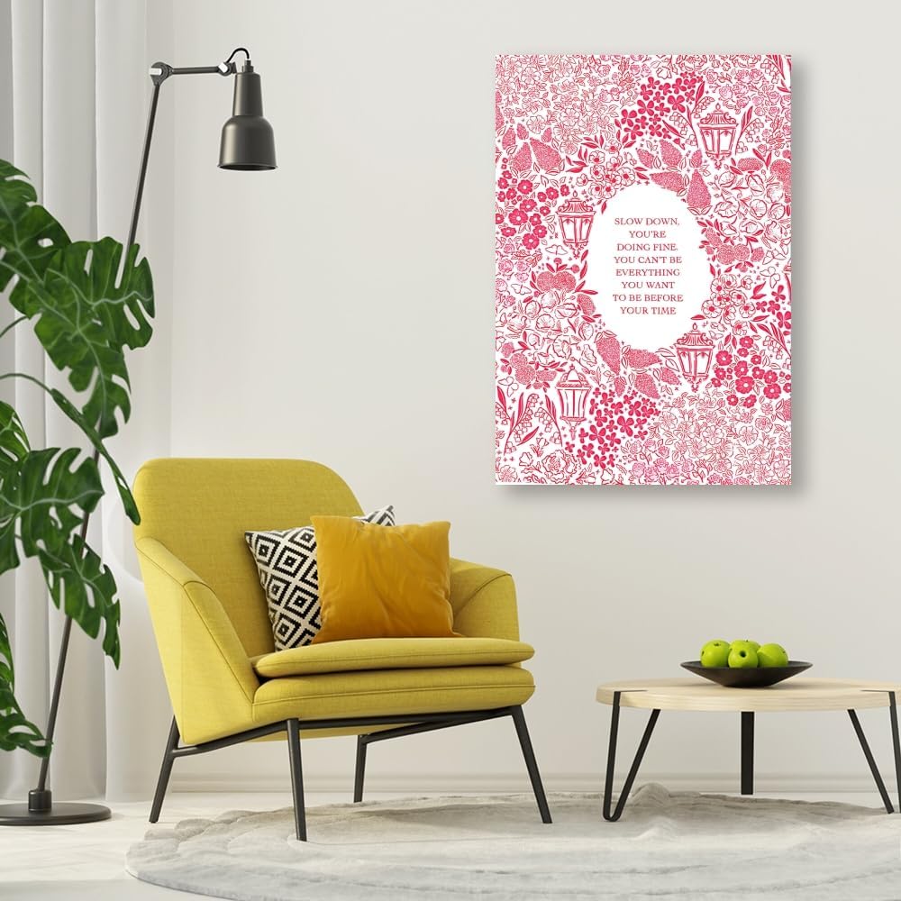 Balsuka Slow Down You're Doing Fine Music Posters Motivational Quote Pink Wall Art Vintage Floral Positive Daily Reminder Song Lyrics Canvas Print Aesthetic Office Home Decor 12x16inch Unframed