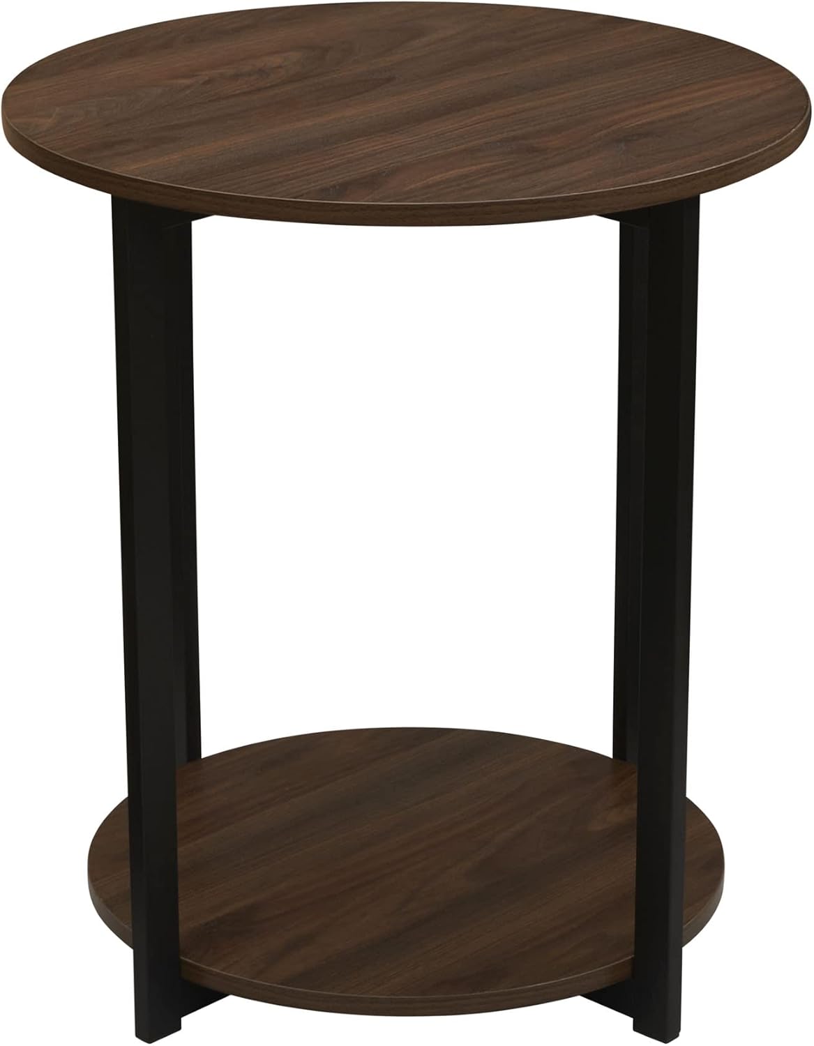 Household Essentials Jamestown Round Side End Table with Storage Shelf Mid Century Walnut Wood Grain and Black Metal