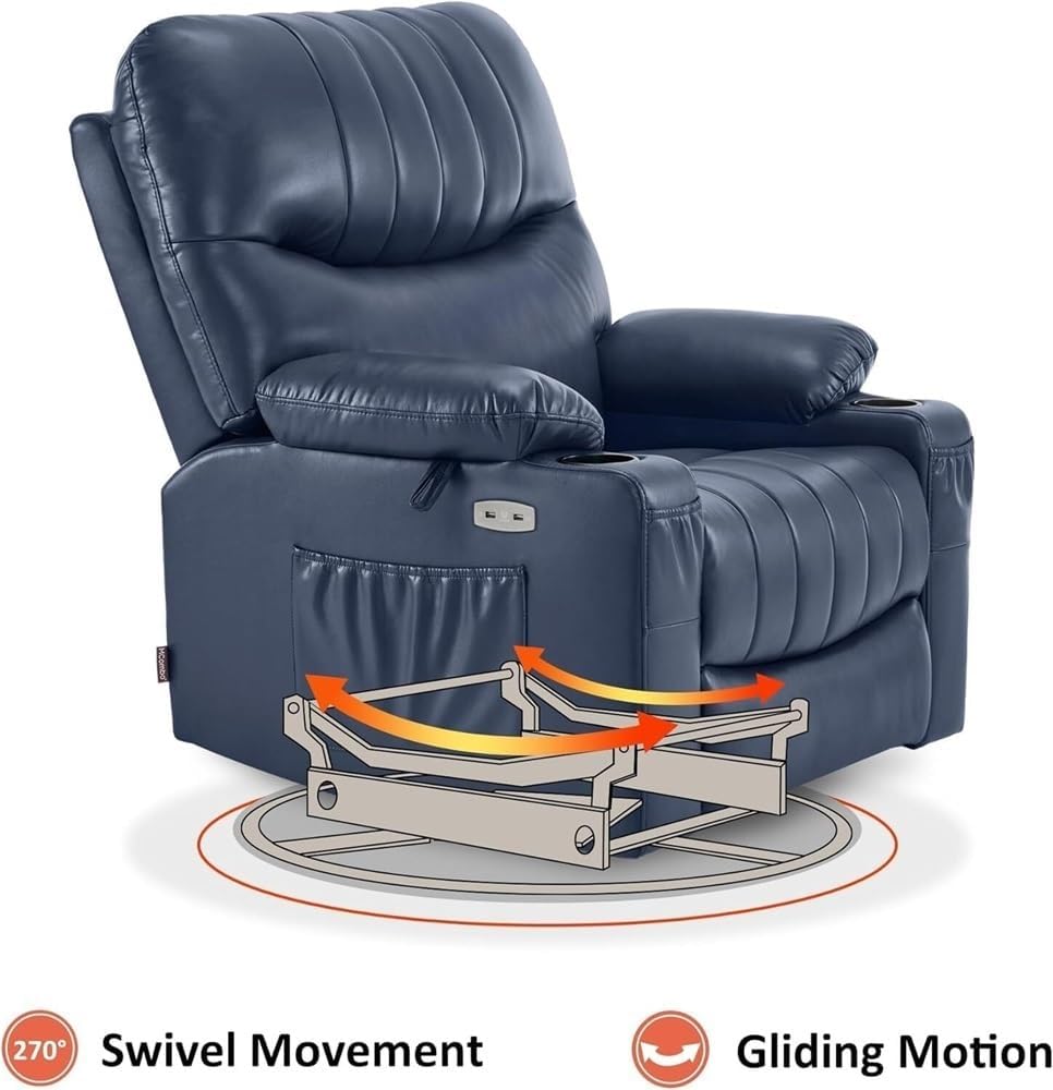 Ergonomic Power Recliner with Swivel & Gentle Rocking – Heated Massage Chair with USB Charging, Cup Holders, Side Storage, Plush Upholstery, Ideal for Nursery, Living Room, and Home Theater