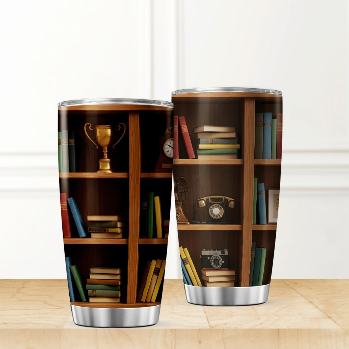 CUBICER Bookshelf Design Stainless Steel Tumbler 20 Oz For Book Lovers Teachers Librarians And Writers Gift Reading Enthusiasts Heat Coffee Iced Insulated Hot Cool Travel