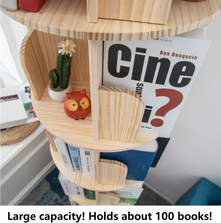 Heehee Rotating Wooden Bookshelf 360 Display 4 Tier Floor Standing Bookcase Storage Rack for Kids&Adults Solid Wood Bookshelf Organizer