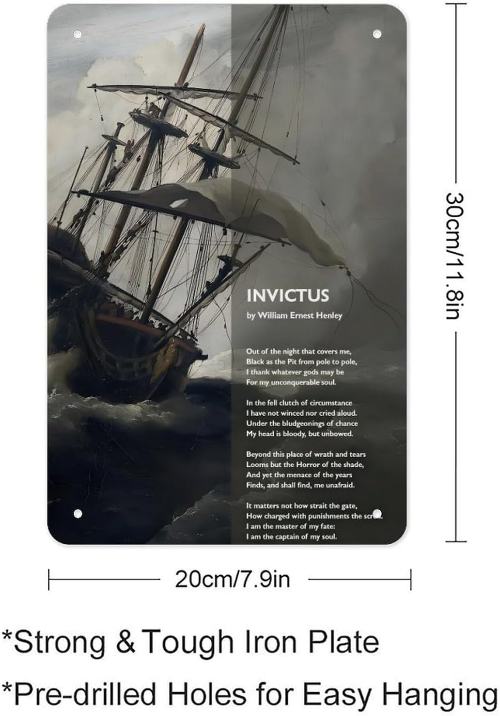Vintage Ship In Storm Poetry Quote Metal Tin Sign 12x8 Inch Wall Art Captain Of My Soul William Ernest Henley Inspirational Literary Typography Decor For Home Office Study Gift