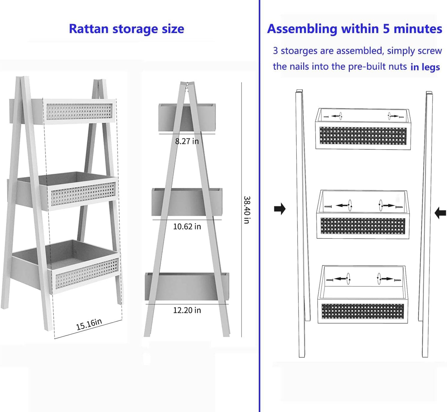 ZYBT Ladder Bookshelf, 3-Tier Rattan Bookshelf, Free Standing Bookcase, Blanket Ladder, Wood Organizer Storage Shelves for Living Room Bedroom Kitchen Balcony and Home Office