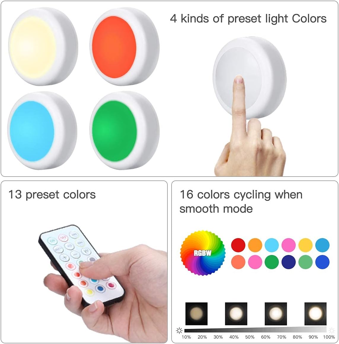 HELPLEX LED Puck Lights with Remote, 6 Pack Color Changing RGBW Stick-On Light, Battery Powered, Dimmable Under Cabinet Lighting with Timer & Memory, Wireless Push Lights for Kitchen & Closet