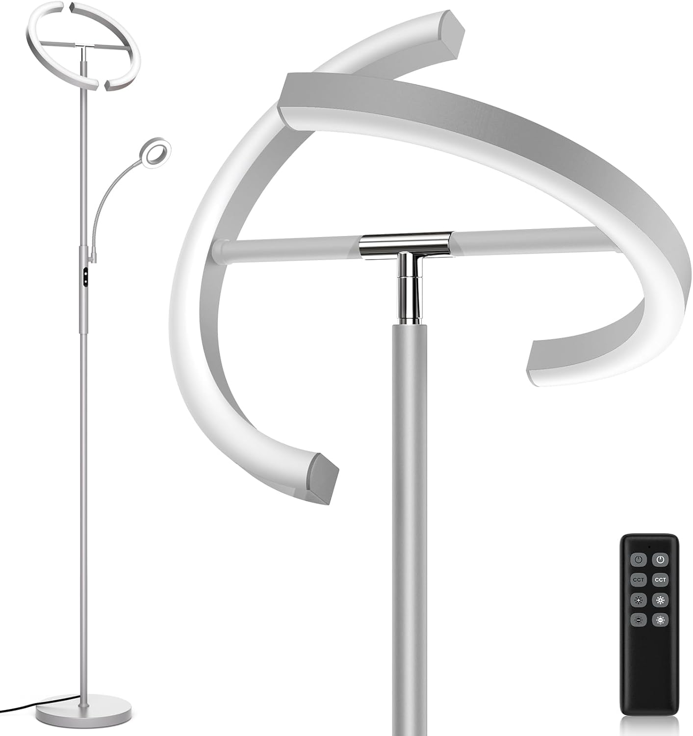 2-in-1 Dimmable Floor Lamp with Reading Light - Rotatable Standing Lamp with Remote&Touch Control, Stepless Color Brightness Adustable, Modern Lamp for Living Room Bedroom Office, Silver