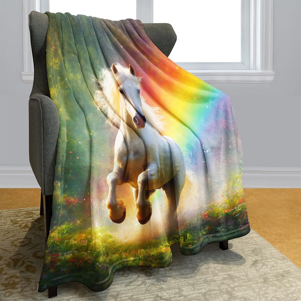 Soft Cozy Fleece Throw Blanket for Couch,Premium Fluffy Microfiber,Dreamy Grassland Rainbow White Horse Animal,50X60 Inches