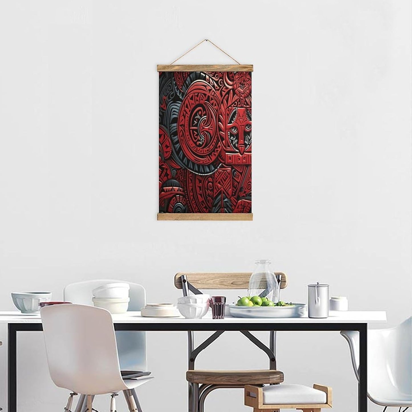 Vintage Red Tribal Pattern Poster with Wooden Frame Personalized Linen Hanging Scroll Painting Rustic Wall Hanging Illustrative Modern Artwork Decor for Home Living Room Bedroom Office