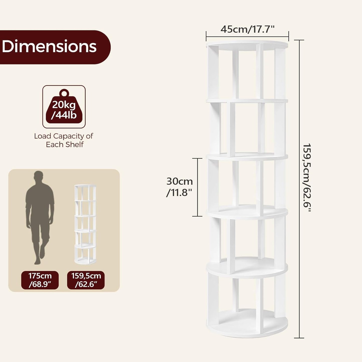 5-Tier Rotating Bookshelf, 360° Spinning Bookshelf Tower, Floor Standing Round Revolving Bookcase, Display Rack for Books, CDs, for Living Room, Study, Bedroom, White BKWT6501