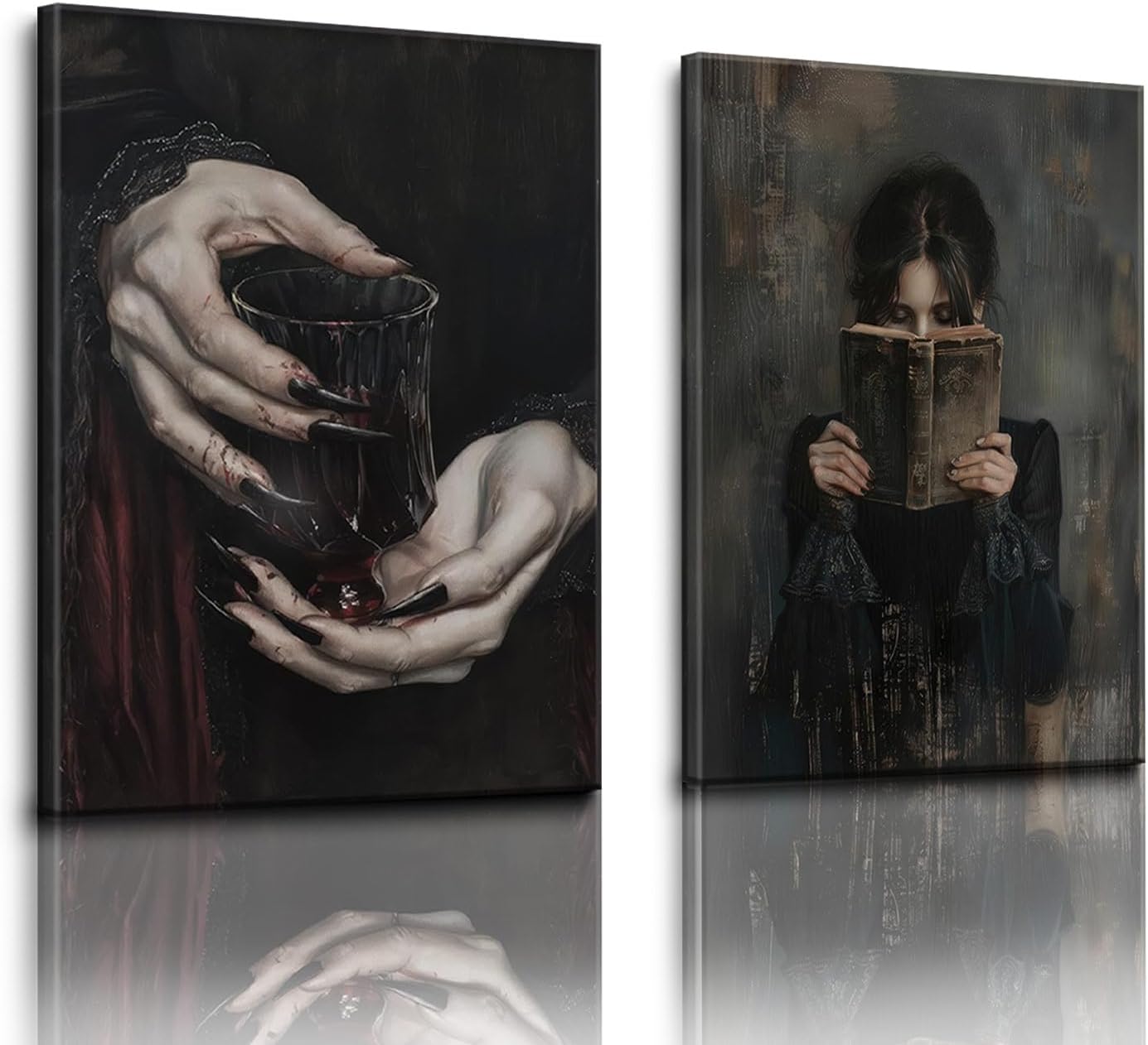 2 Pieces Gothic Canvas Wall Art Dark Academy Vampire Pictures Victorian Woman Reading Magic Book Posters Claw Hand Dracula Prints Moody Girl Witch Ghost Paintings Bedroom Library Classroom Office Home Decor 12"X16" Framed.