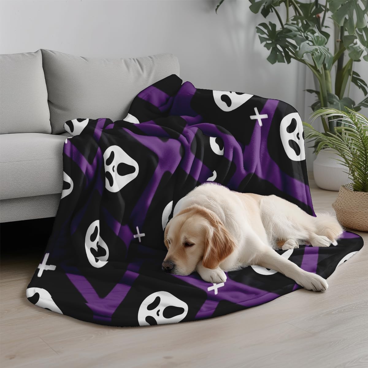 Halloween Spooky Face Blanket, Purple and Black, Soft Ghost Throw for Travel, Office, Home (80" x 60")