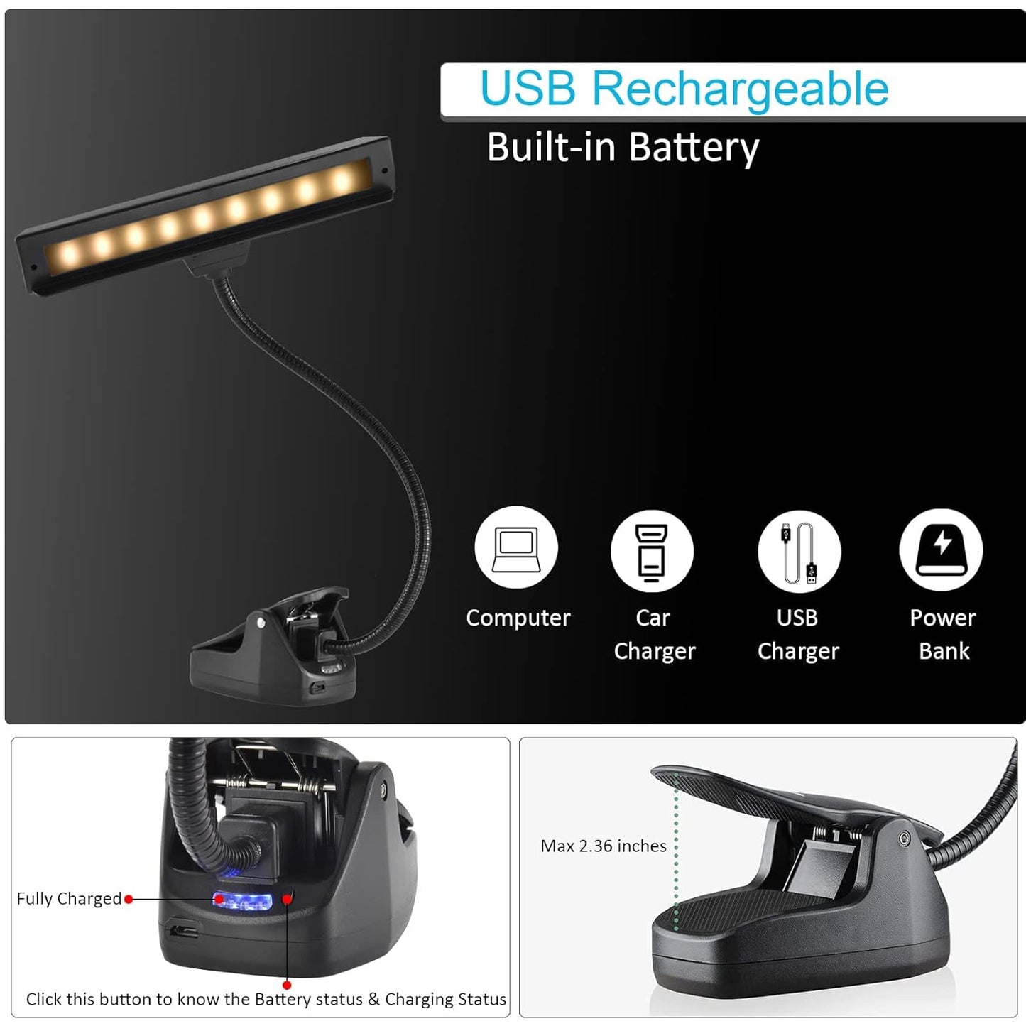 Rechargeable Music Stand Light, 19 LEDs Clip On Reading Light - 3 Level Brightness Settings, 3 Color Temperature Optional (Warm/Cool White/Natural Light Color), Perfect for Piano, Reading, Sewing
