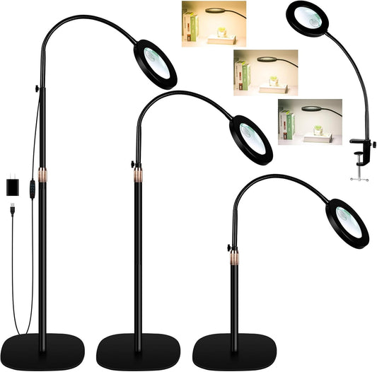 30X 12X Magnifying Glass with Light and Stand, 3-Color Stepless Dimmable LED Magnifying Floor Lamp, 24" Gooseneck Adjustable Swing Arm Lighted Magnifier Lamp with Clamp for Reading Esthetican