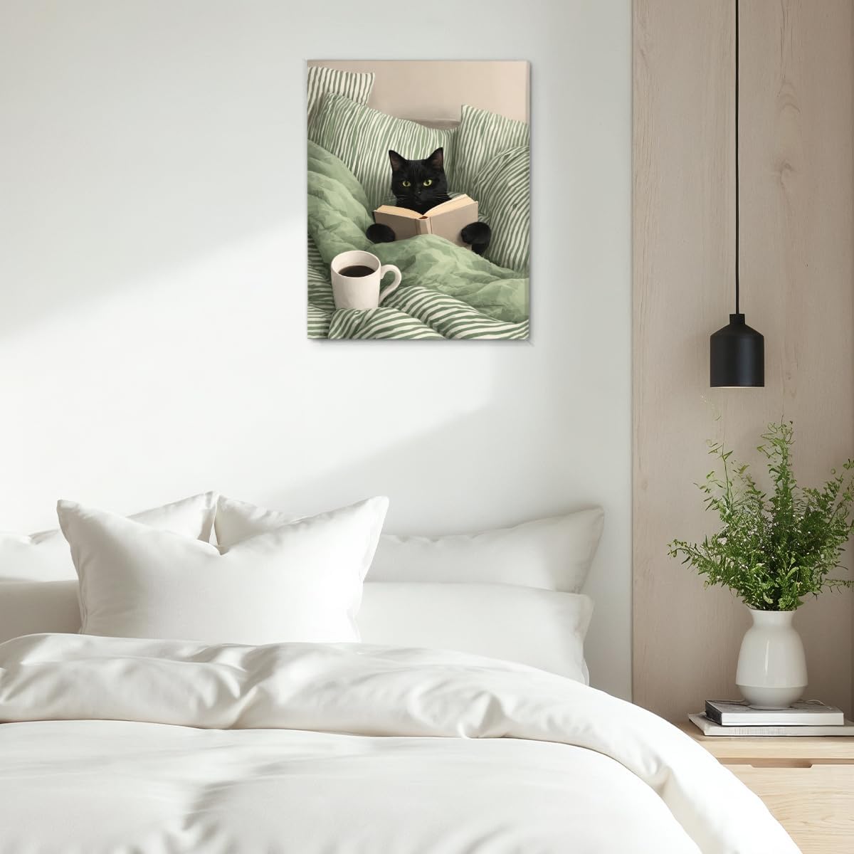 Black Cat Reading Bedroom Wall Art Cat in Green Striped Bed Canvas Print Poster Cozy Bookish Wall Decor for Home Bedroom 8x10 Inch Framed