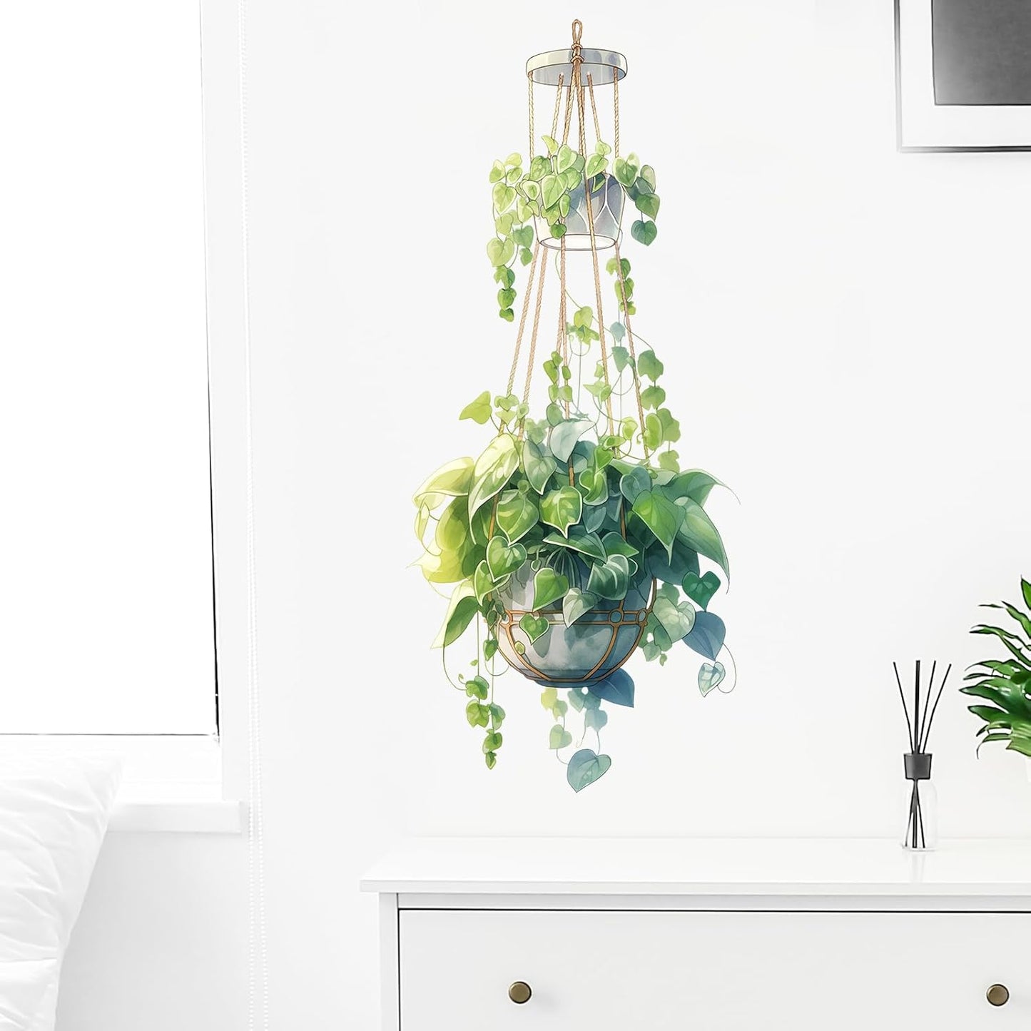 Double-Layer Hanging Basket Wall Stickers for Living Room Verdant Leaves Plant Wall Decal Removable Peel and Stick Wall Art Home Decor Decoration for Bedroom Bathroom Classroom Library Nursery