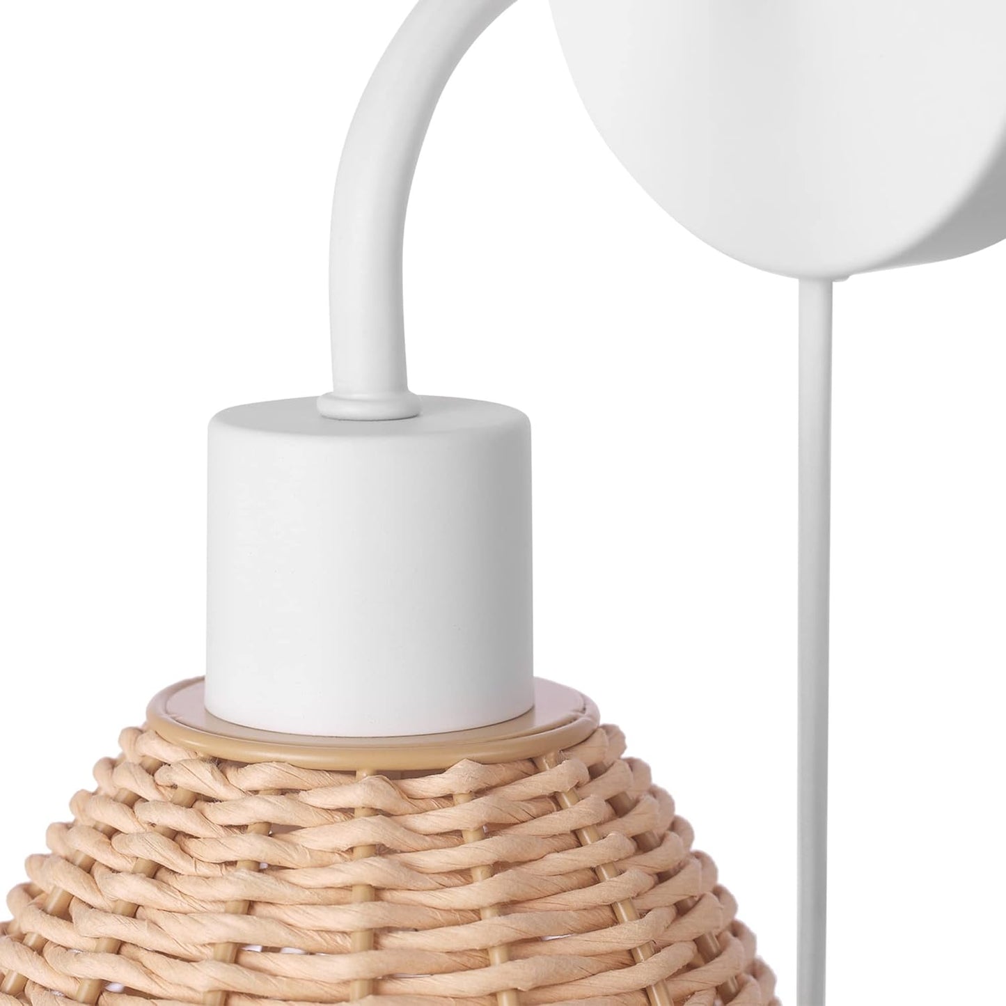 Globe Electric 65928 Briar 1-Light Plug-in or Hardwire Wall Sconce, Matte White, Rattan Shade, 6ft White Braided Fabric Designer Cord, in-Line On/Off Rocker Switch