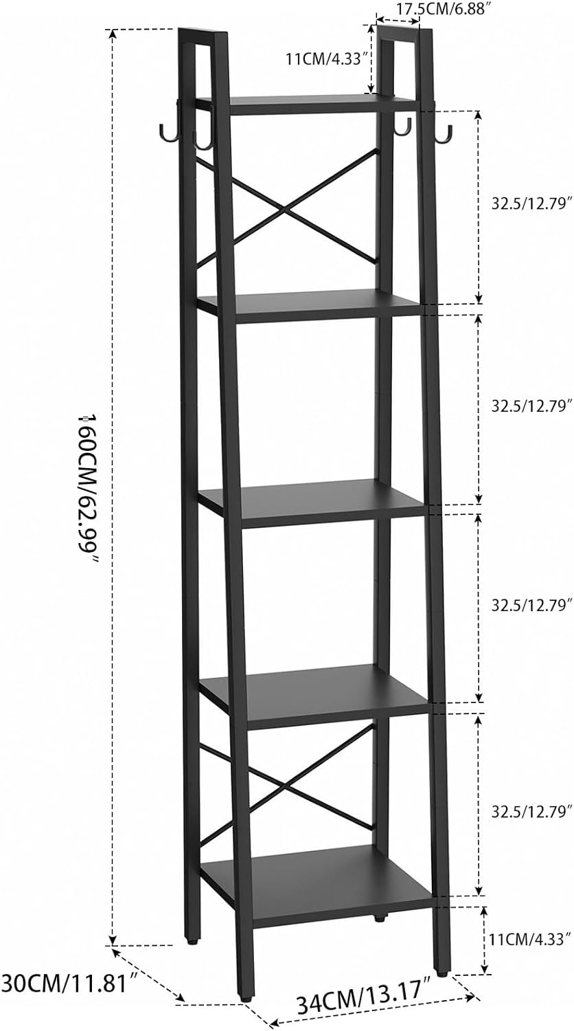 YMYNY 5 Tiers Ladder Bookcase, Industrial Narrow Bookshelf, Open Display Rack with 4 S Hooks, Metal Storage Shelves for Bedroom, Home Office, Living Room, Black, 63H*13.4L*11.8W, UHBC025B