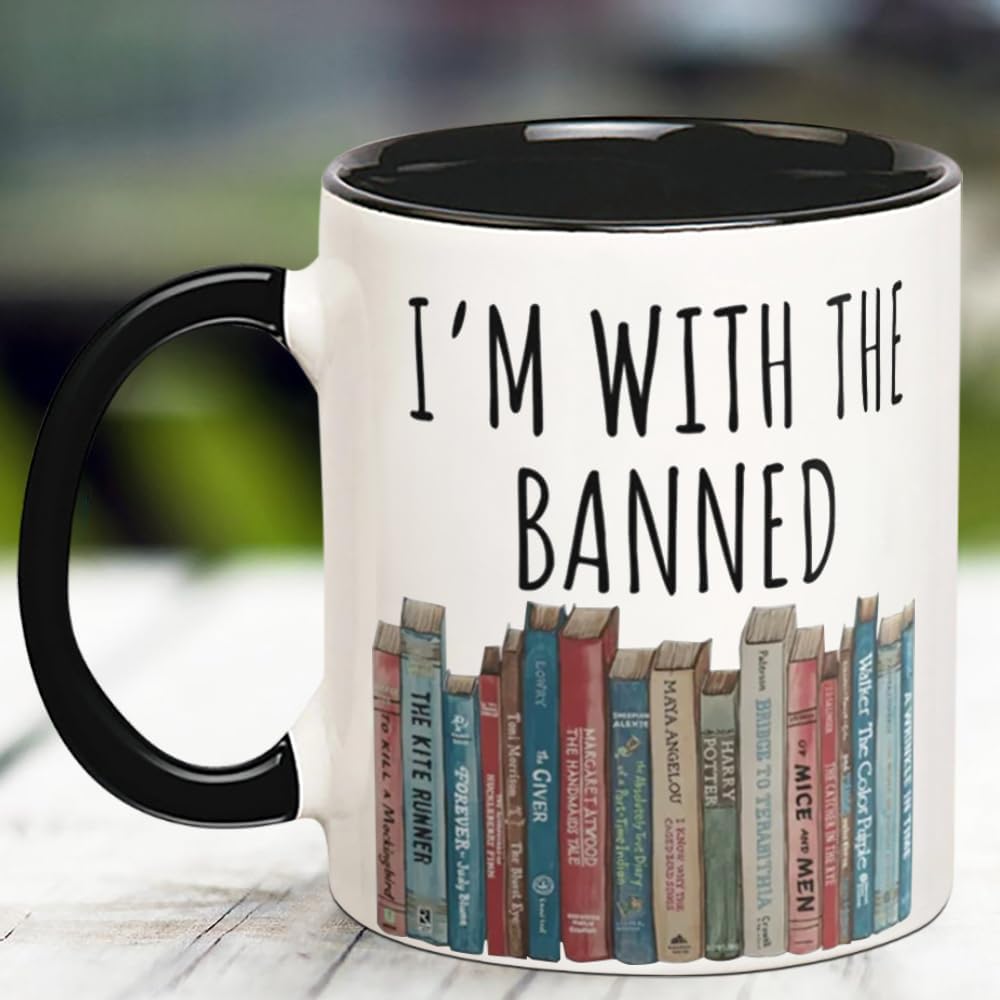 I'm With The Banned Books Mug, Librarian Gift, Book Lover Mug, Reading Lover Gift, 11 Oz Novelty Coffee Mug, Black