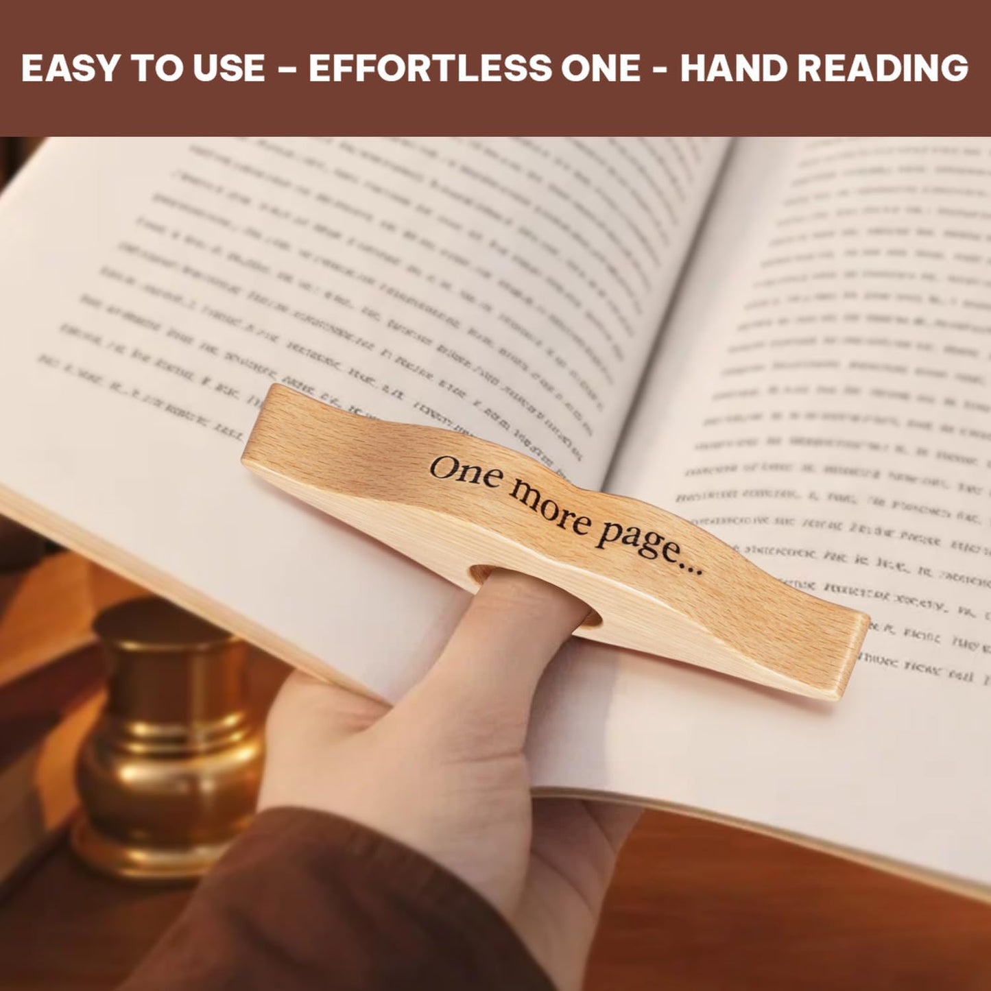 Wooden Book Page Holder – Thumb Page Spreader Reading Accessory with Smooth Finish for Book Lovers (Pinewood - One More Chapter)