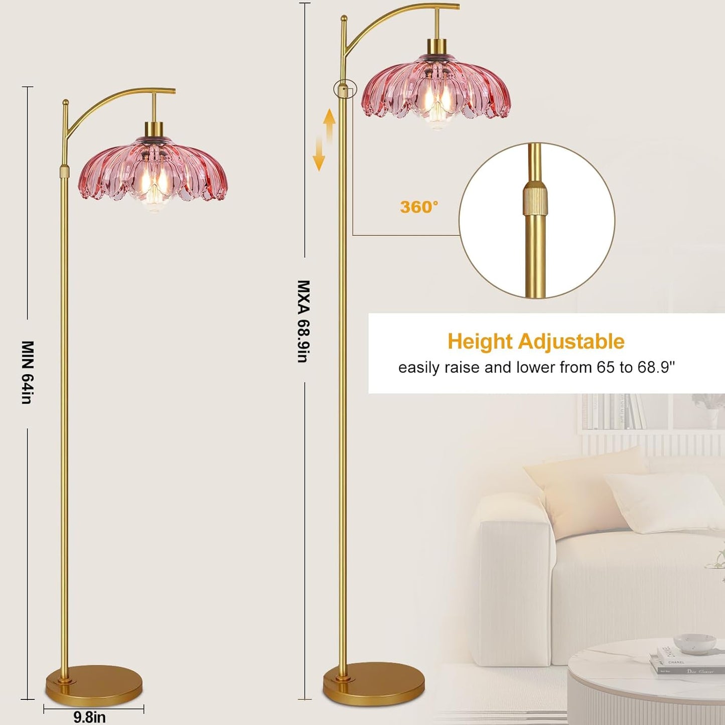 Floor Lamp for Living Room,Bedroom,Gold Dimmable Standing Lamp with Remote,Mid Century Modern Brass Tall Lamp Retro Vintage Pink Glass Lamp Floor Light Boho Bohemian