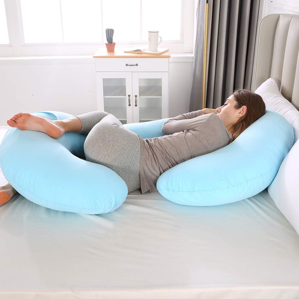 CDEN Pregnancy Pillow, C Shaped Full Body Pillow 52", Maternity Pillow Support for Back, Legs, Neck, HIPS for Pregnant Women with Removable Washable Jersey Cover(LIGHTBLUE)