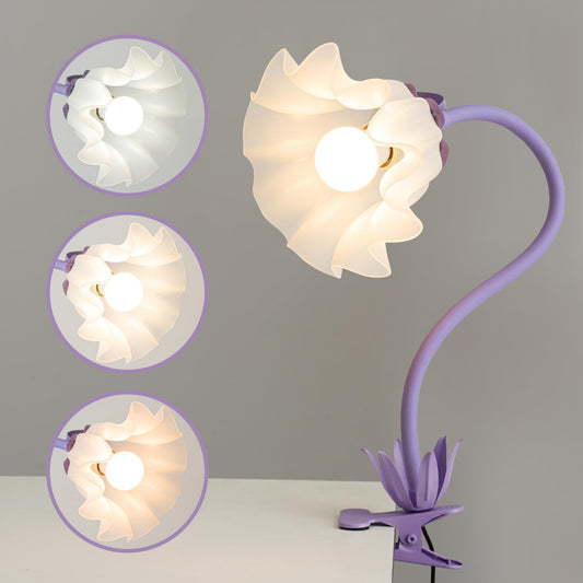 Flower Desk Lamp with Clamp - School Dorm Supplies, 3 Color Modes Flower Eye-Caring Clip on Light, Flexible Neck Reading Lamps for Home College Studying Room Bedside (Purple)