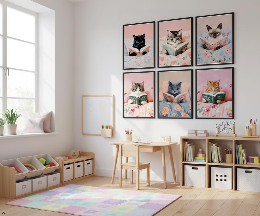 Zhfmoir Cute Cat Reading Posters Wall Art Set of 6, Funny Cats with Books Prints Aesthetic Kitty Wall Decor for Girls Bedroom Kids Room Nursery Classroom Library Decor 8x10 Inch Unframed