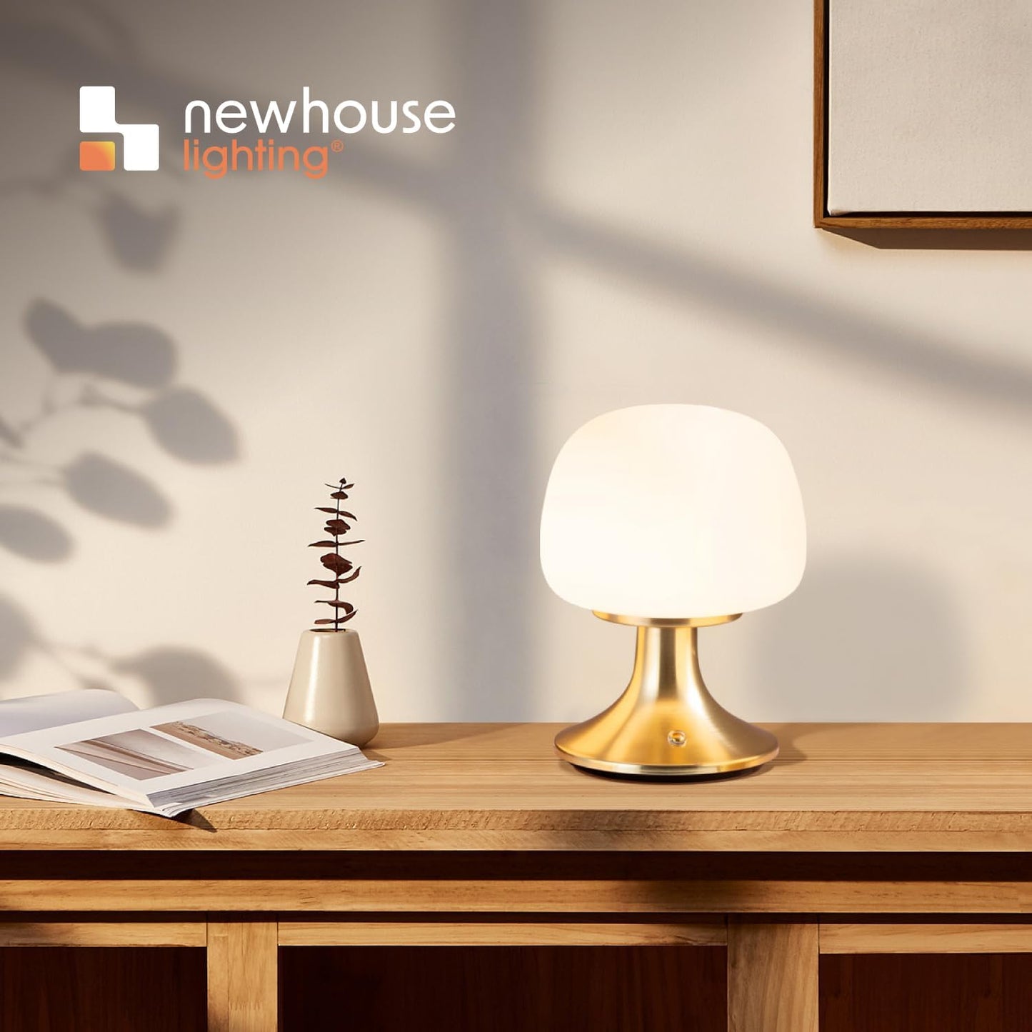‎Newhouse Lighting Verona, Brass 2700K Dimmable Cordless USB-C Rechargeable Glass Table Lamp NHTL-VE-BRS, Cordless Desk Lamp for Living Room, Bedroom, Coffee Table, and Other Cozy Home Decor