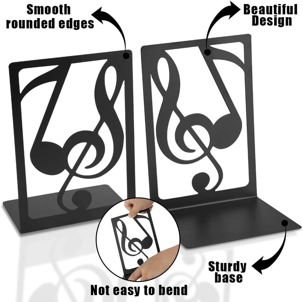 3 Pairs Book Ends Metal Bookends for Shelves, Decorative Bookends for Heavy Books Non-Skid Musical Note Bookshelf Holder, Book Stopper Bookshelf Decor for Family, Office and School