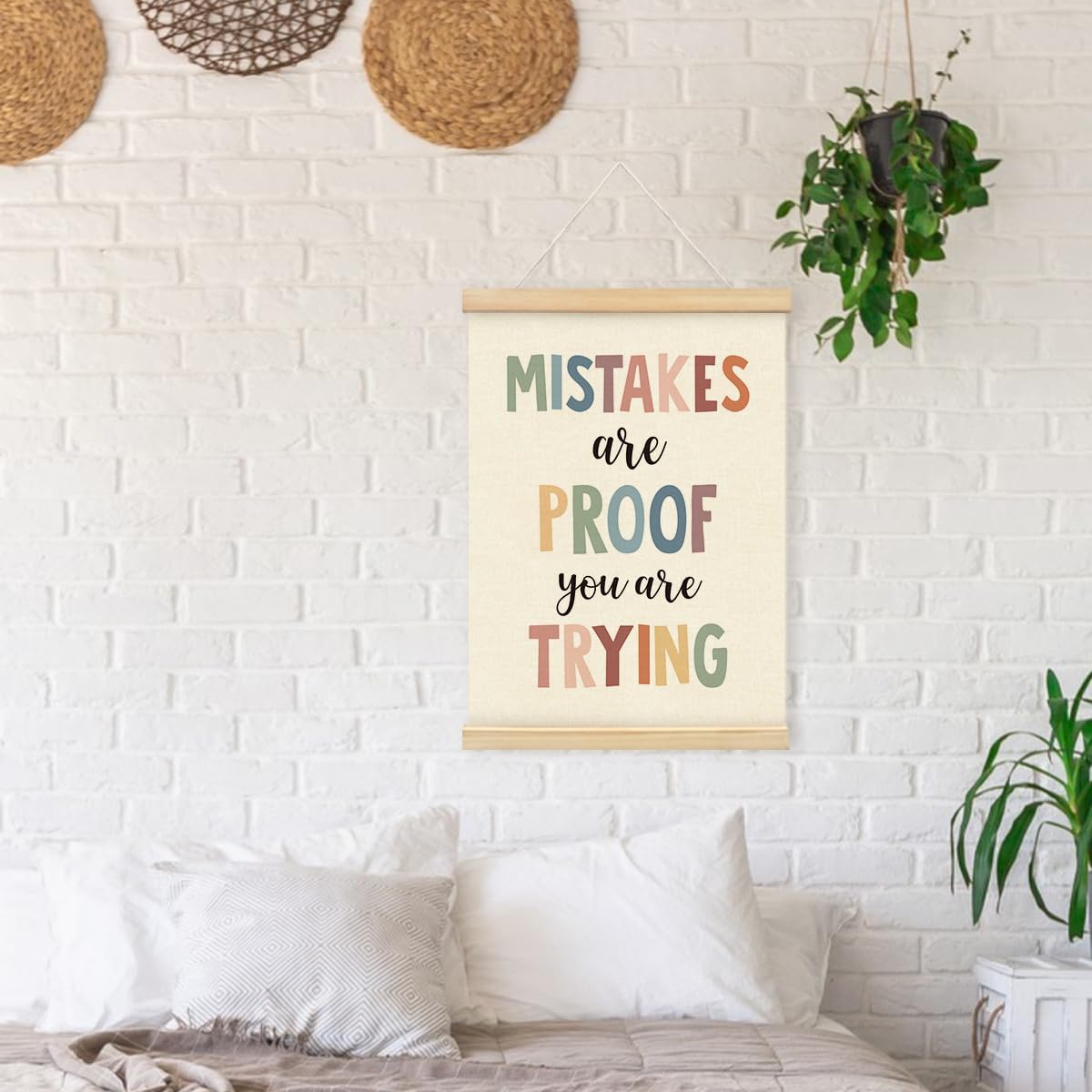PLKMN Boho Classroom Decor, Mistakes are Proof You are Trying Wall Art with Wooden Poster Hanger, Inspirational Wall Decor for Classroom, Classroom Posters, Classroom Wall Art, 12x16 Inch
