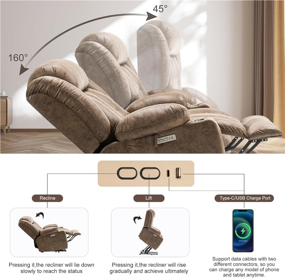 Electric Lift Recliner Chair for Seniors with MassageLumbar Heat & Footrest Leather Power Recliner with USB & Type-C Ports, Cup Holders, Ergonomic Living Room Armchair