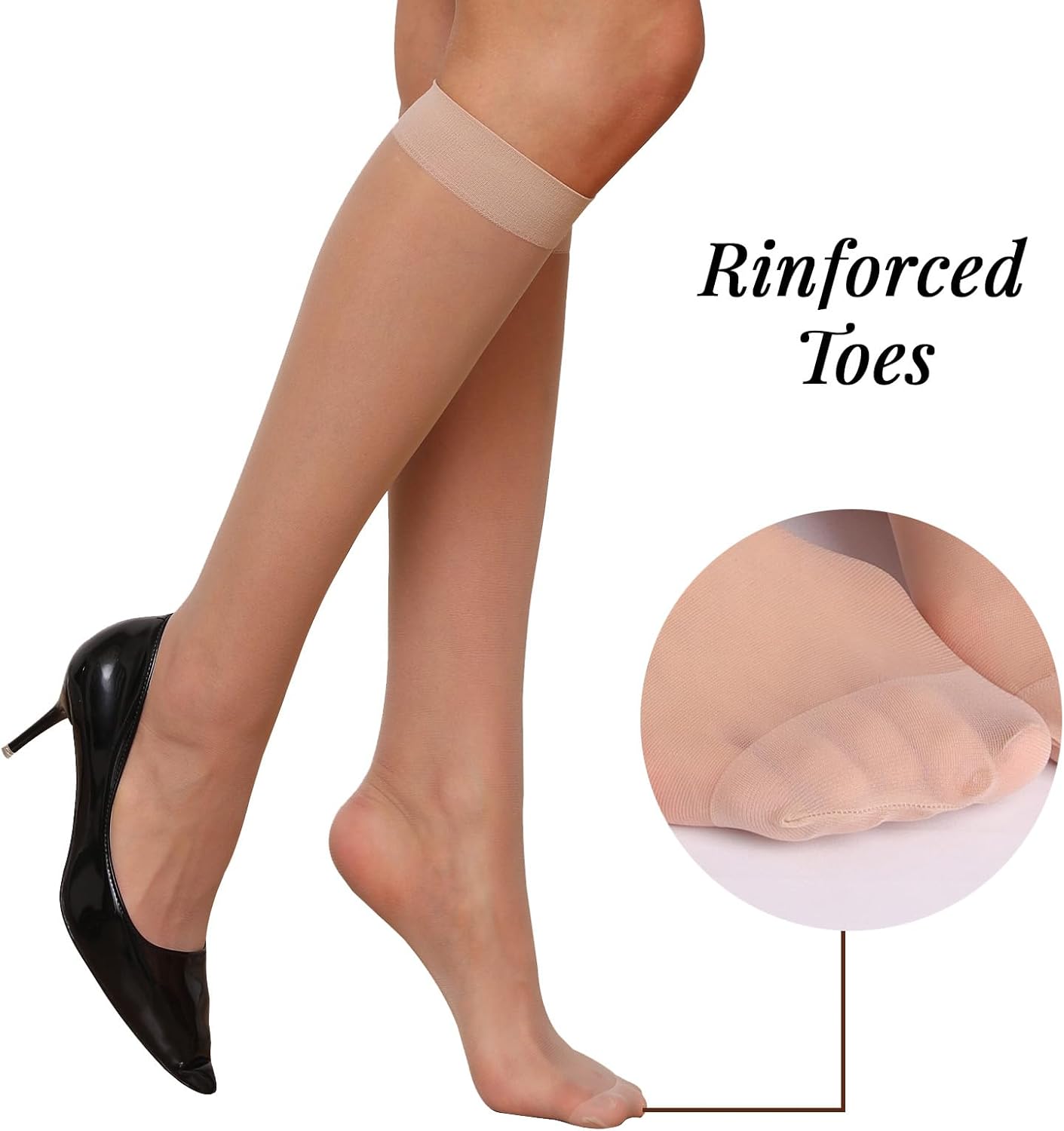 6 Pairs Knee High Stockings for Women, 20 Denier Nylon Sheer Socks with Reinforced Toes Black Nude One Size