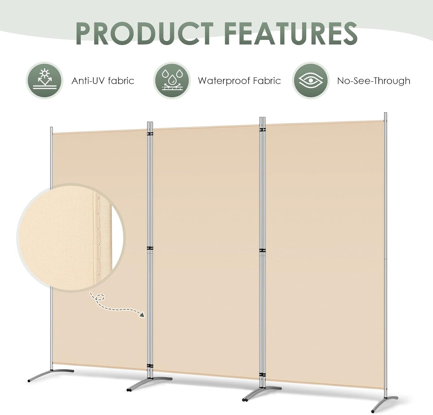 RANTILA 3 Panel Room Divider, 6 Ft Tall Folding Privacy Screen Freestanding Room Partition Wall Dividers, 102''W x 20''D x 71''H, Beige