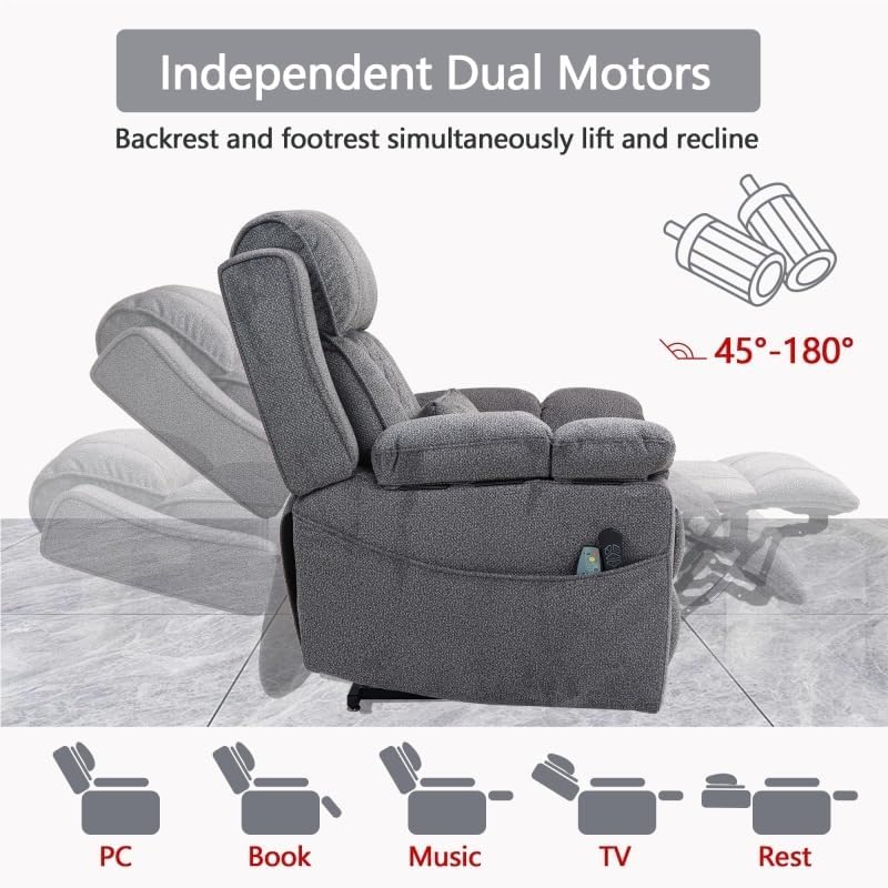 Big Man Power Lay Flat Lift Chair Heat Vibration Electric Extra Wide Oversized Dual Motor Recliner Chairs with Flip Arm for Living Room Bedroom Furniture