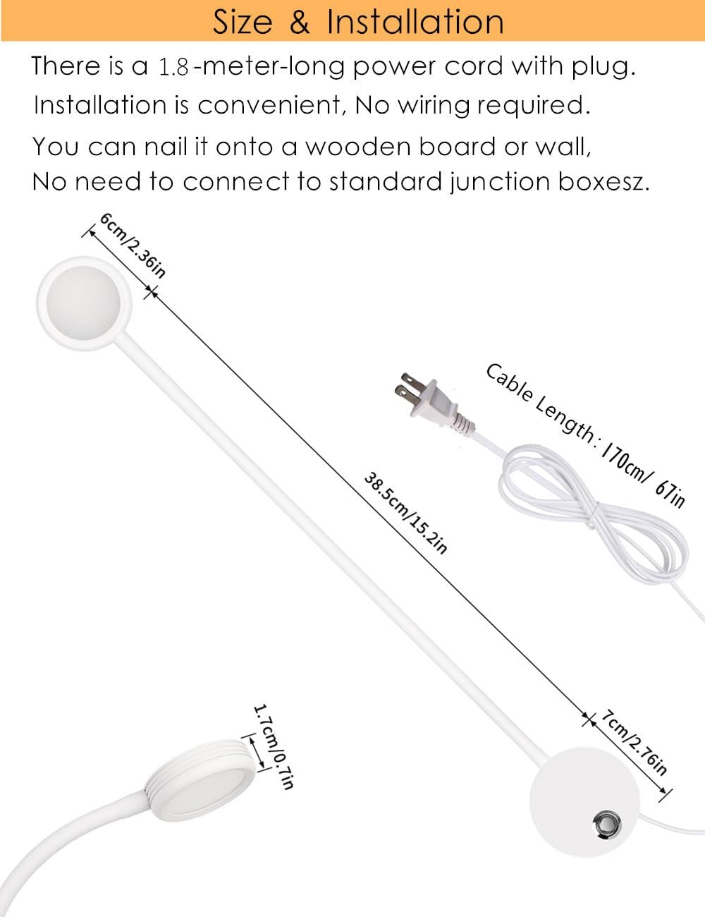 Dimmable LED Reading Lamps,Wall Mount Reading Lights for Bed Headboard,Flexible Gooseneck with Touch Dimmer Plug in Wired Sconce,3 Color Modes,10 Brightness Leves, USB Output(5V 2A), White 1 Pack