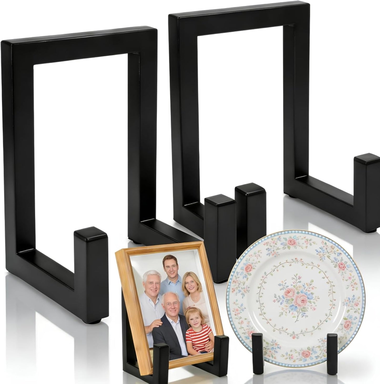 2 Pack Large Plate Stands, 8" Tall Picture Stands for Display, Industrial-Style Metal Wall Mount Photo Frame Holders, Heavy Duty Black Tabletop Easels for Pictures, Books, Platters, Artworks