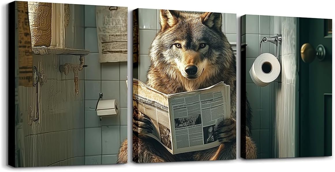 Erosebridal Funny Wolf Bathroom Canvas Wall Art Black And White Animal Reading In Toilet Aesthetic Poster Prints Vintage Cute Animal Print Painting Modern Farmhouse Wall Decor 12"X 16"X 3Pcs
