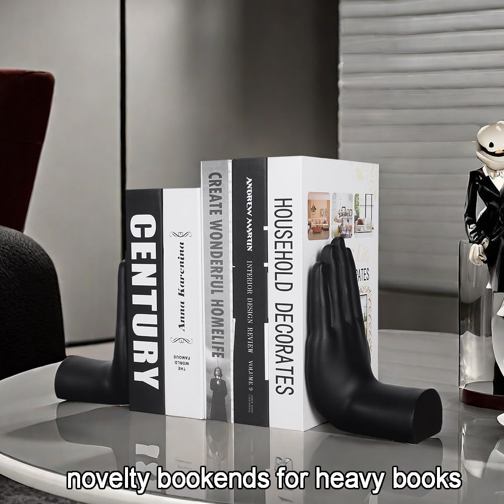 Decorative Bookends Praying Hands Book Ends for Shelves, Black Modern Bookend Heavy Duty Book Ends Stopper Holders for Shelves Office Home Living Room, Resin, 8.5" x 6.8"