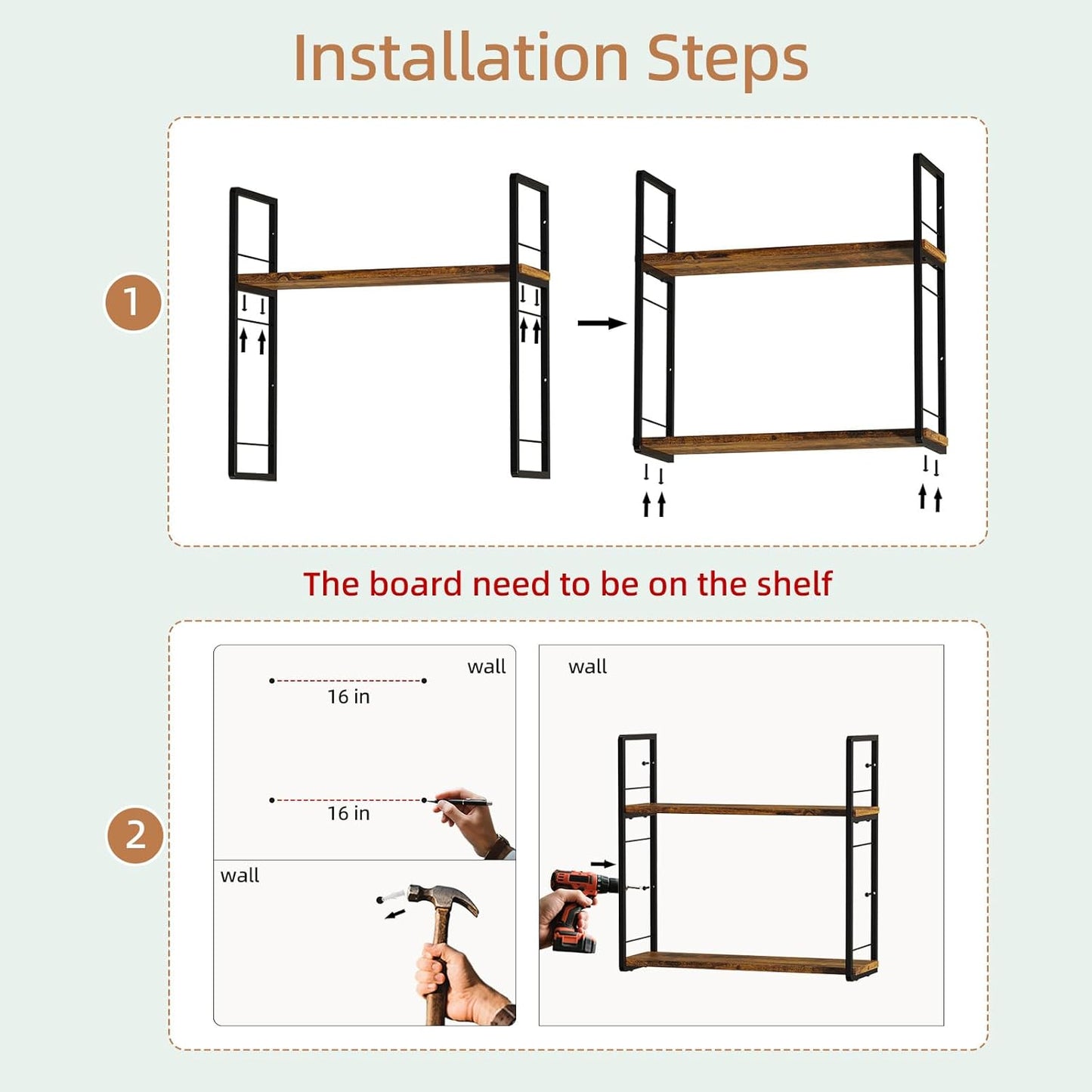 Floating Book Shelves for Wall, 2-Layer Wall Bookshelf for Book Storage, Space Saver, 16in Stud Hanging Shelf, Bedside Shelf for Living Room Bedroom Office, Dark Brown